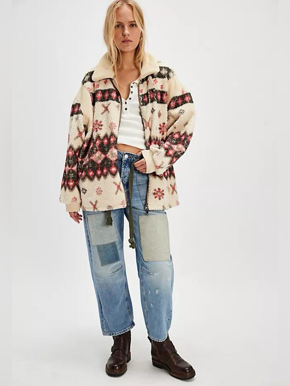 Free People Cats Meow Oversized Zip-Up Cardi Jacket Shortbread Combo Small - Picture 3 of 11